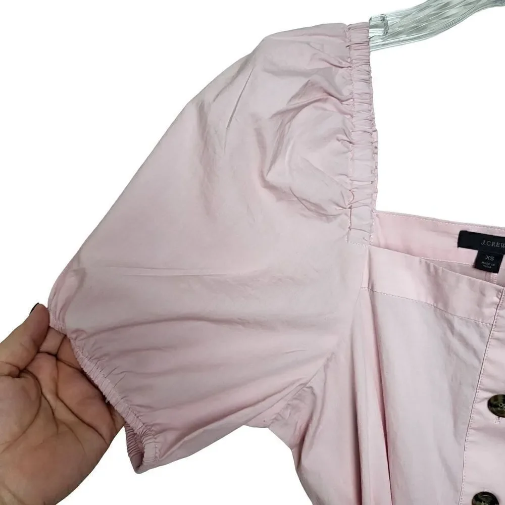 J.Crew Cottage Pink Puff Sleeves Midi Button Up Belted Dress Size XS